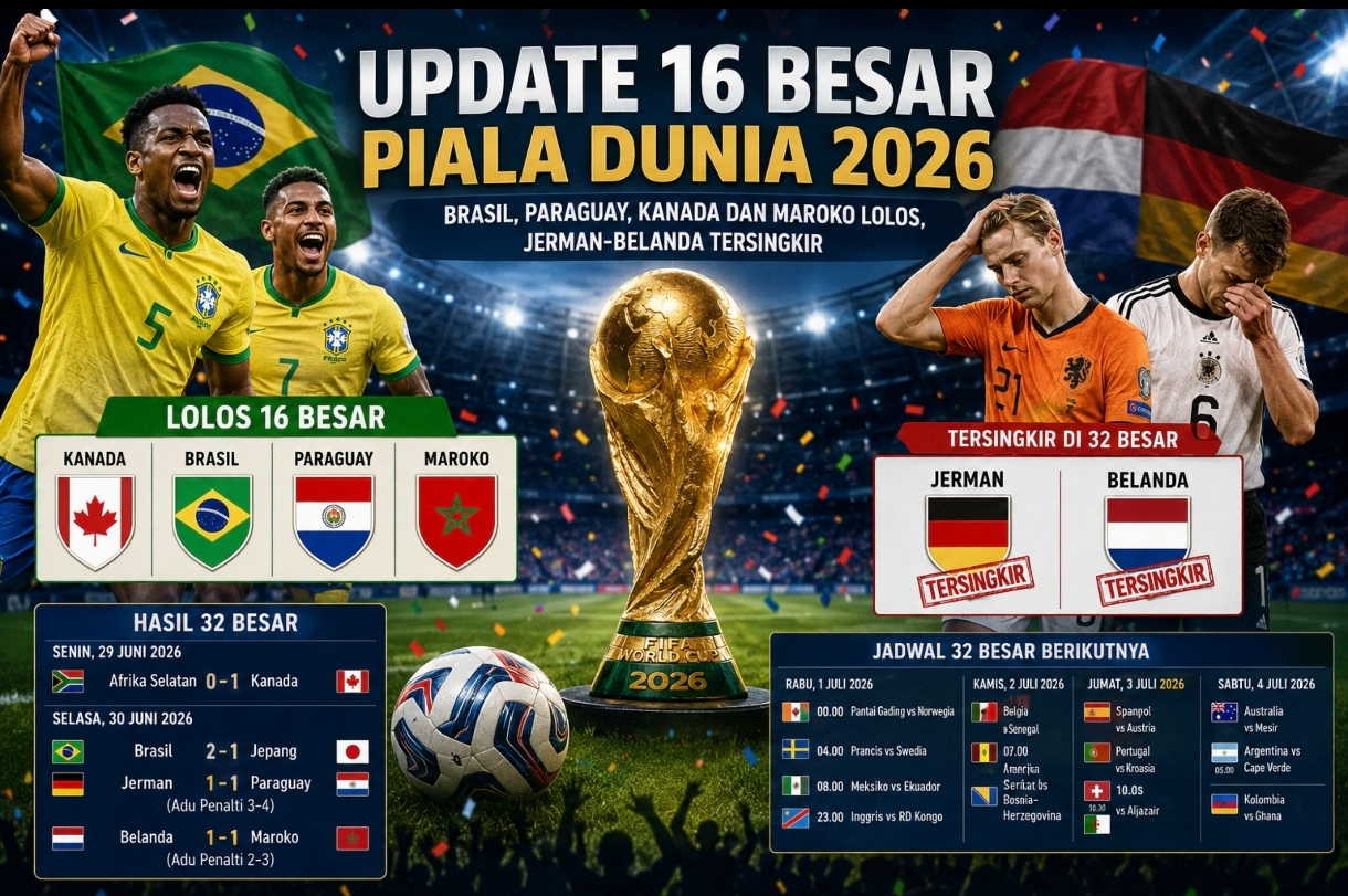 Update 16 Besar Piala Dunia 2026: Brasil, Paraguay, Kanada dan Maroko Lolos, Jerman-Belanda Tersingkir